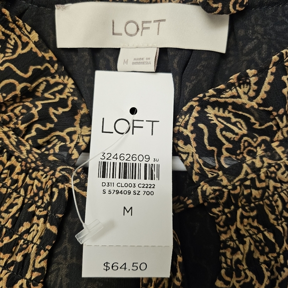 Loft Black Gold Shirred Mock Neck pattern Blouse Size Meduim NWT - Picture 8 of 9